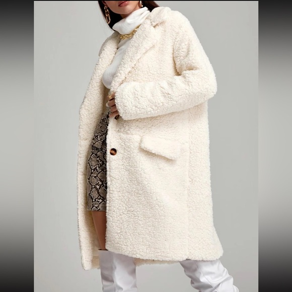 Size L Ivory BOHO lapel collar button front faux pockets lined plush Teddy coat - Picture 3 of 16